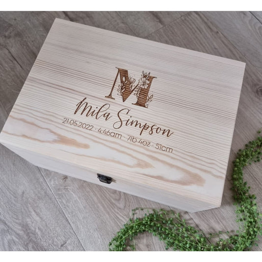 Floral Monogram with birth details Engraved Pine Box - Keepsake Box