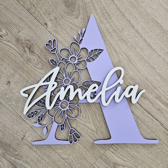 Floral Monogram Two Layer - Laser Cut Name Plaque