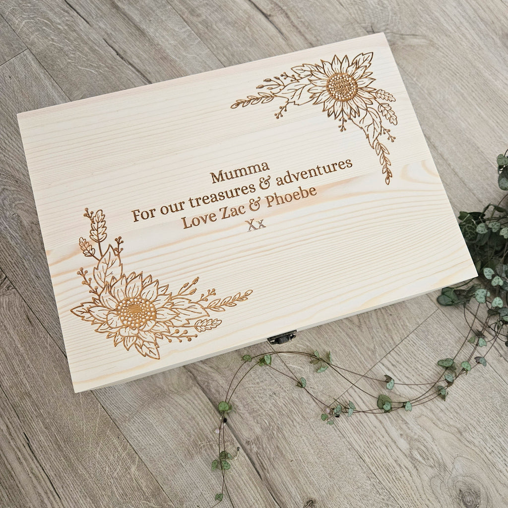 Sunflower Border Engraved Pine Keepsake Box