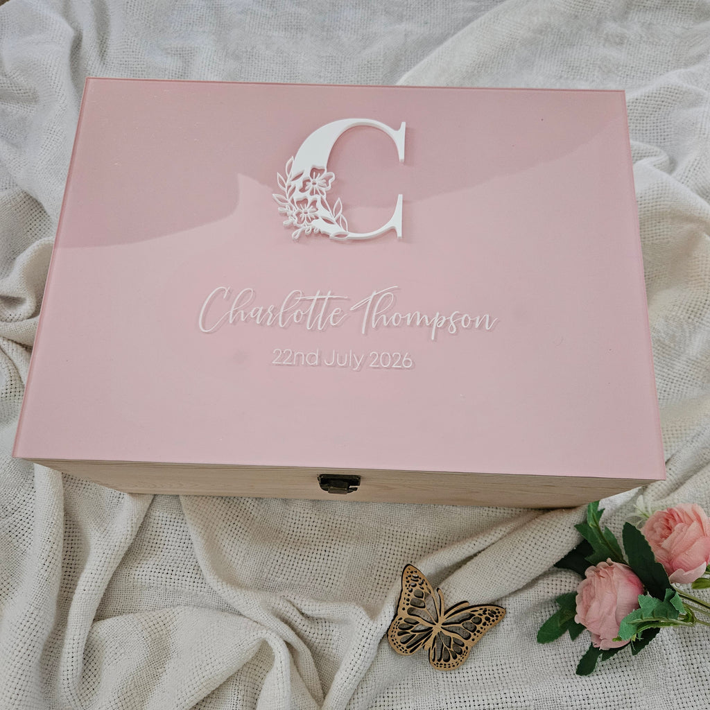 Floral Monogram with birth details on Acrylic Lid Keepsake Box