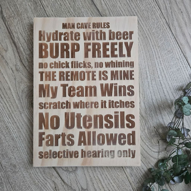 Man Cave Rules Solid Pine Sign - Pine Sign