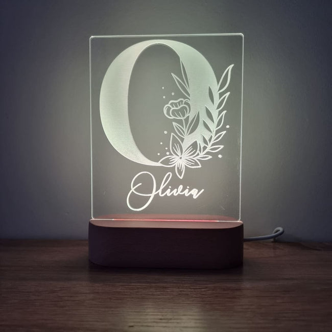 Night Light Floral Letter Personalised Name - Wooden Base - Warm White - Night Light