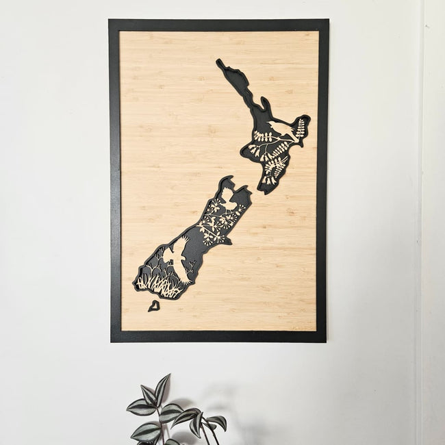 NZ Native Bird Map 3 Layer Bamboo - Geometric Animals