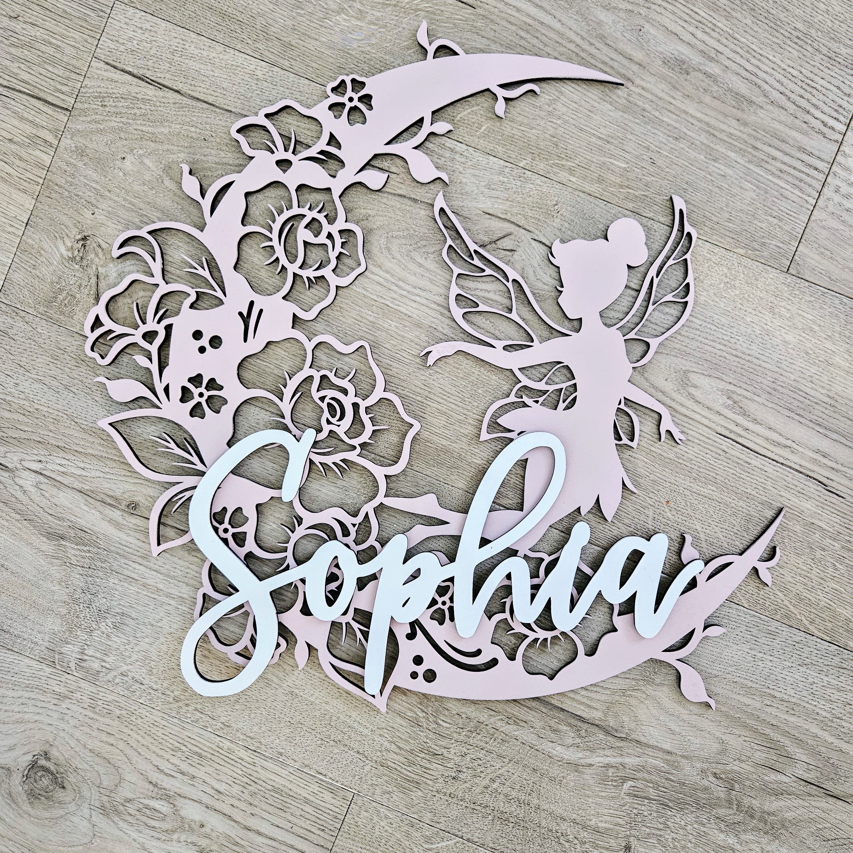 Fairy On Floral Moon with raised name