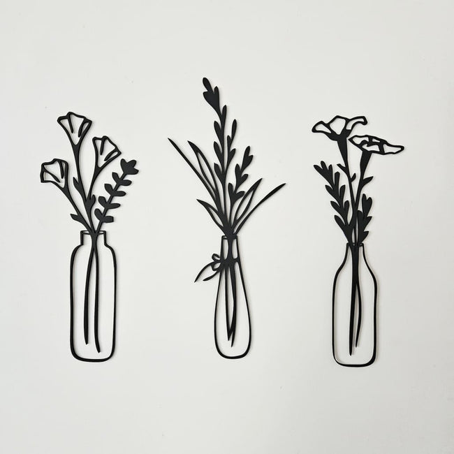 Set Of 3 Flowers In Vase Wall Art - Painted Black - Geometric Animals