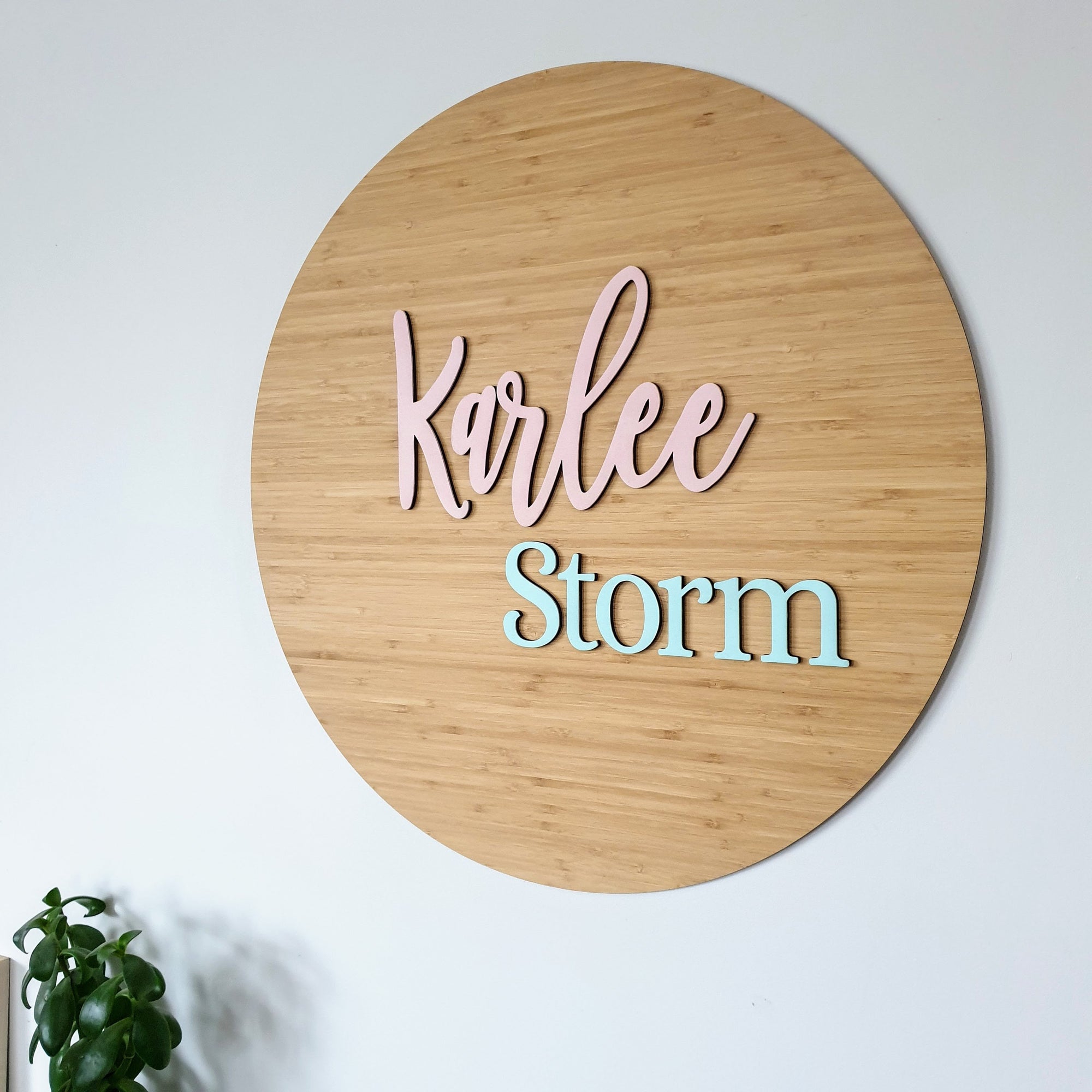 Two Names On Bamboo Circle - Laser Cut Name Plaque