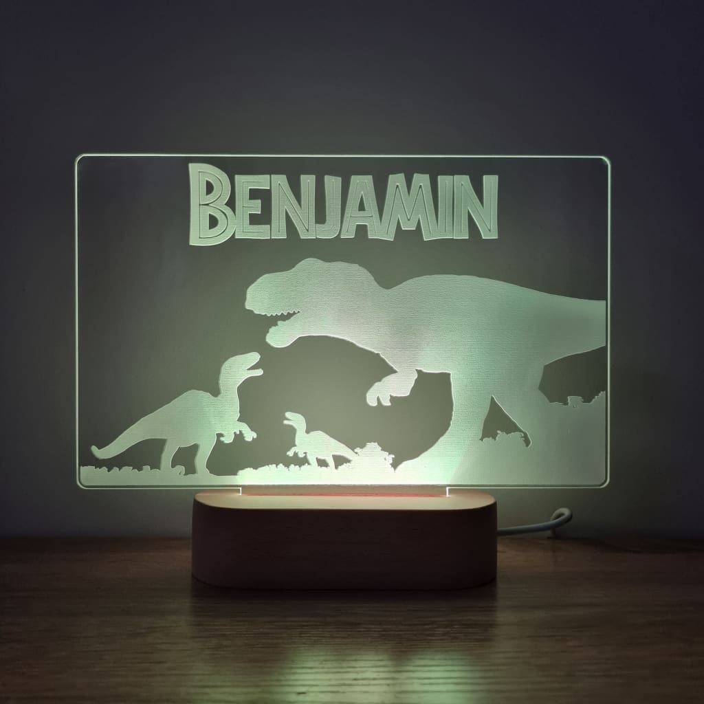 Night Light Dinosaur Scene Personalised Name - Wooden Base - Warm White - Night Light