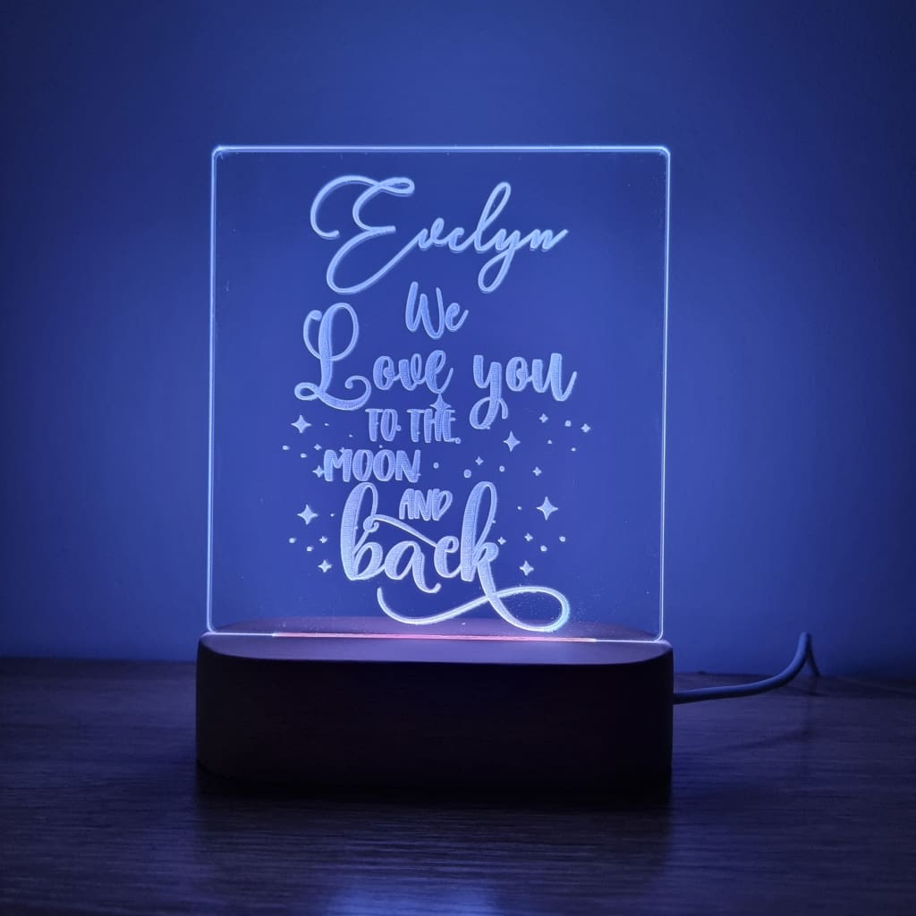 Night Light Moon and Back Personalised Name - Wooden Base - Multi-Coloured - Night Light