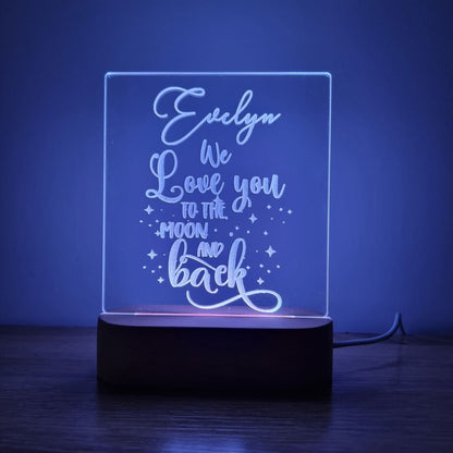 Night Light Moon and Back Personalised Name - Wooden Base - Multi-Coloured - Night Light